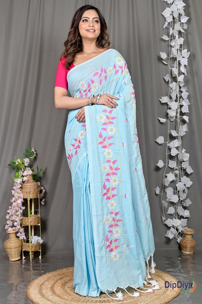 Sky Blue Cotton Blended Paraya Embroidery Handloom saree (301)