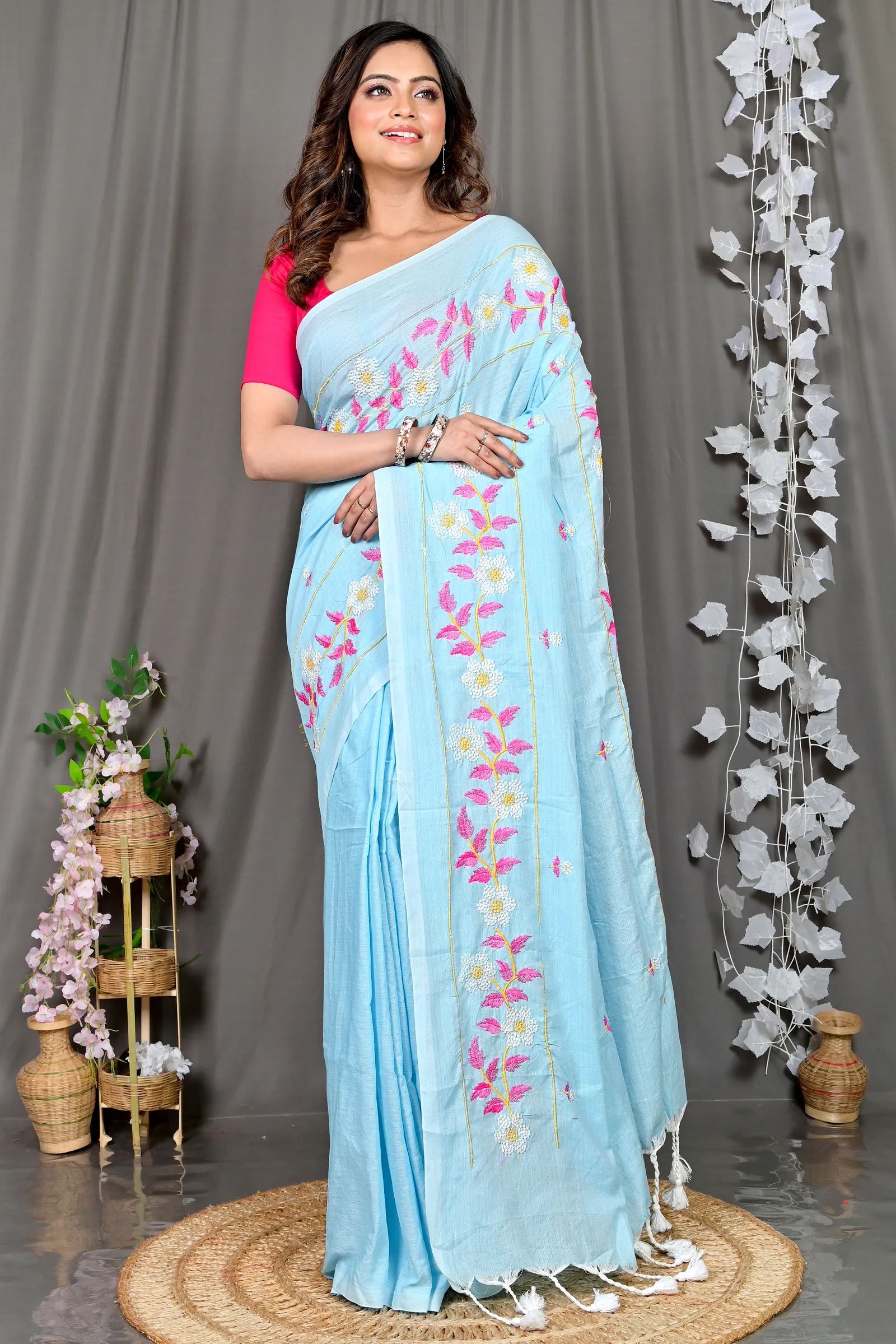 Sky Blue Cotton Blended Paraya Embroidery Handloom saree (301)