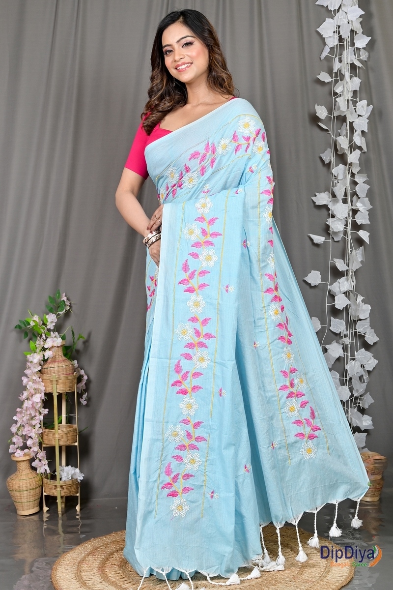 Sky Blue Cotton Blended Paraya Embroidery Handloom saree (301)