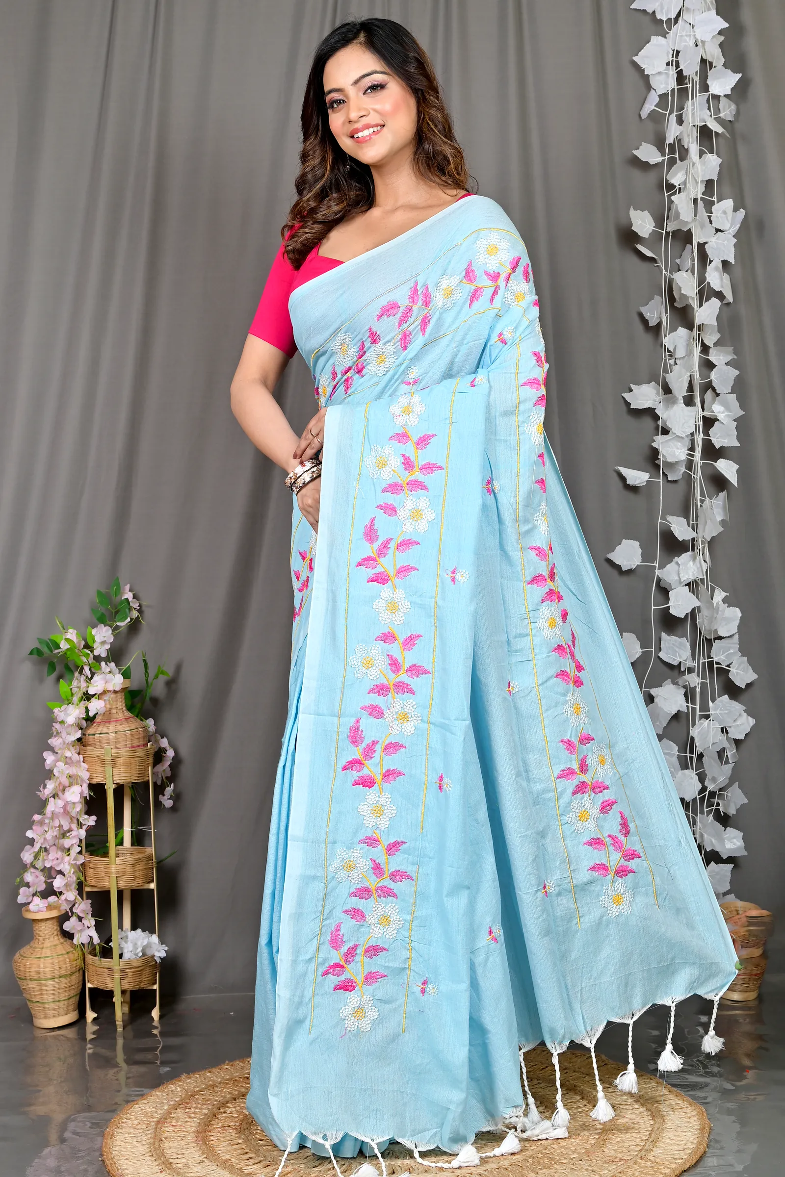 Sky Blue Cotton Blended Paraya Embroidery Handloom saree (301)