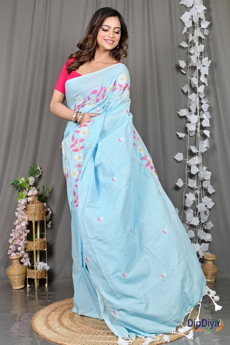 Sky Blue Cotton Blended Paraya Embroidery Handloom saree (301)