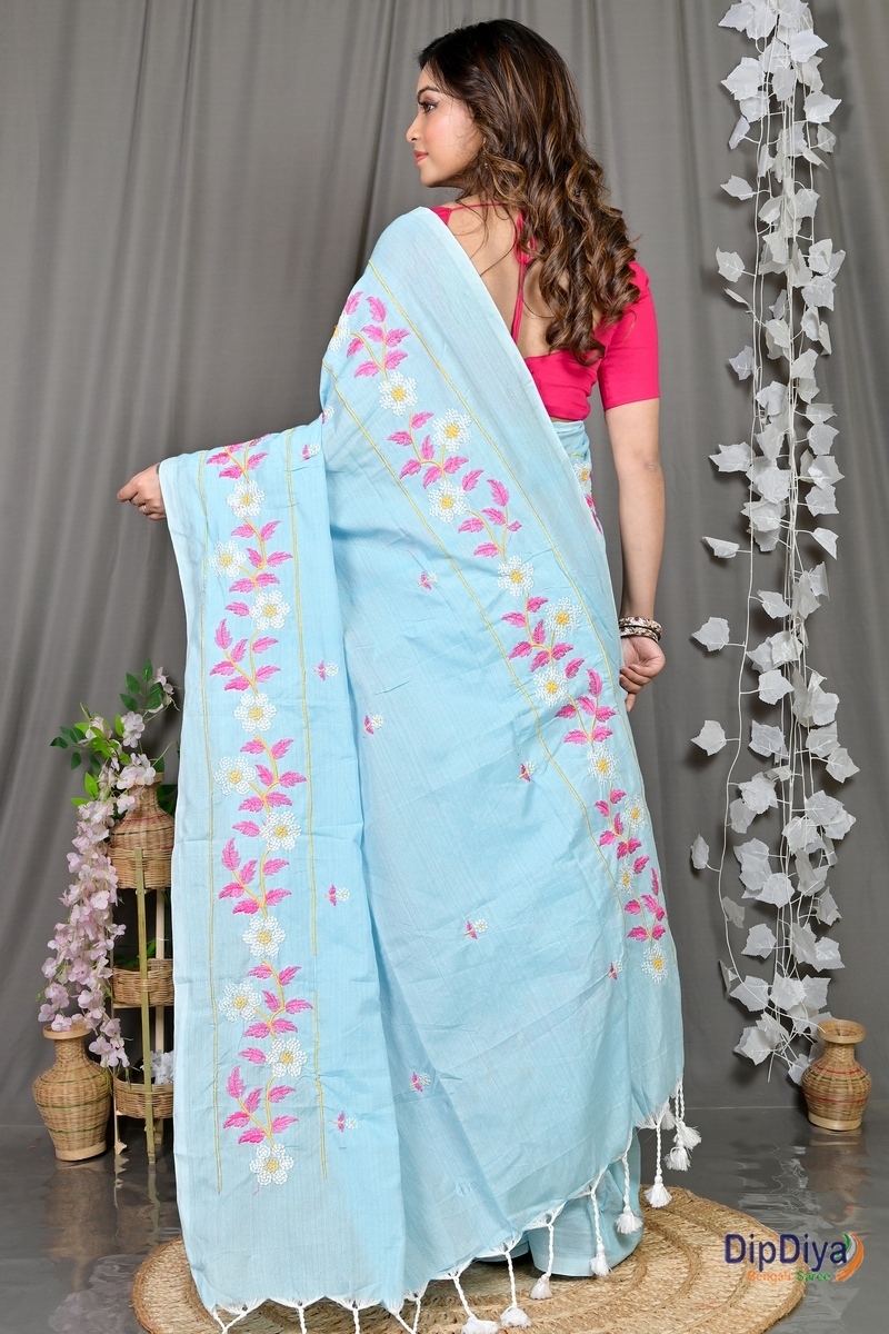Sky Blue Cotton Blended Paraya Embroidery Handloom saree (301)
