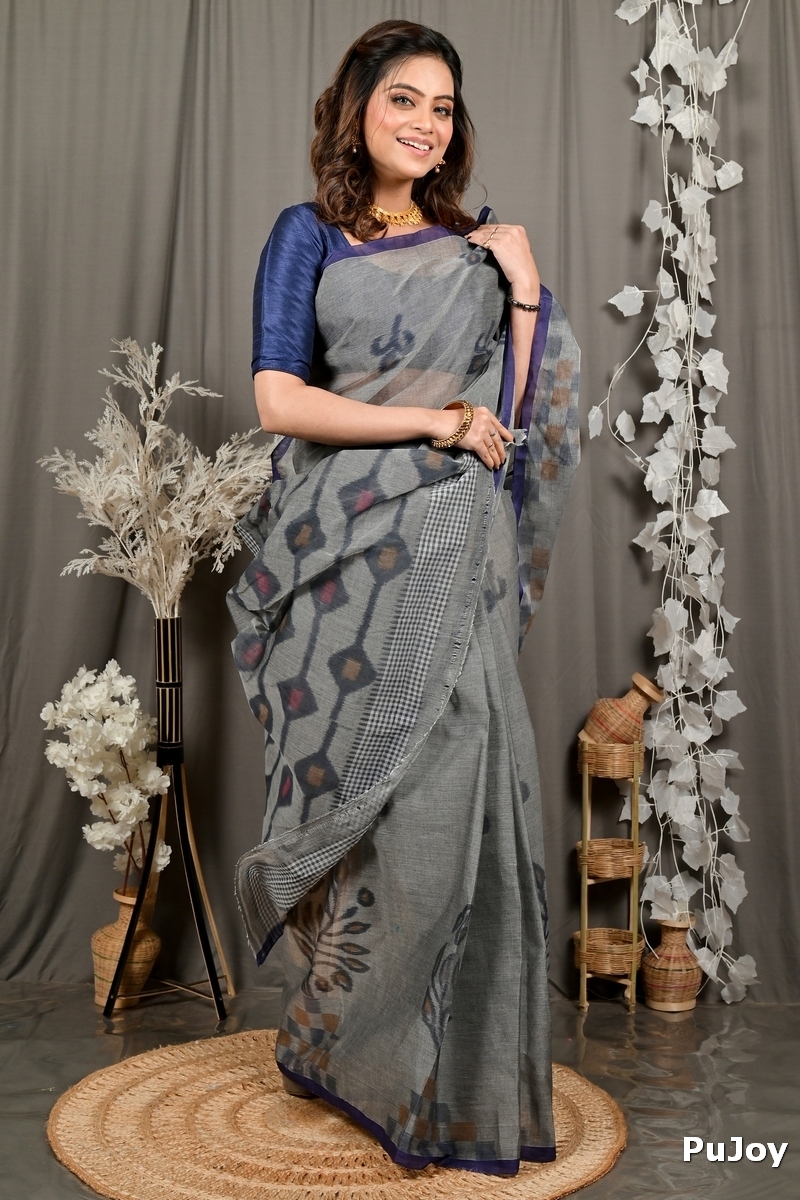 Grey Pure Cotton Dipui Tant Saree Print (3010)