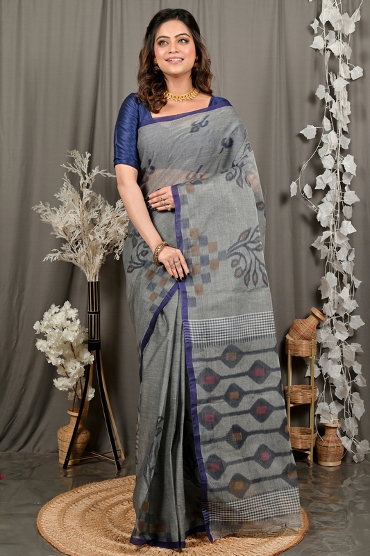 Grey Pure Cotton Dipui Tant Saree Print (3010)