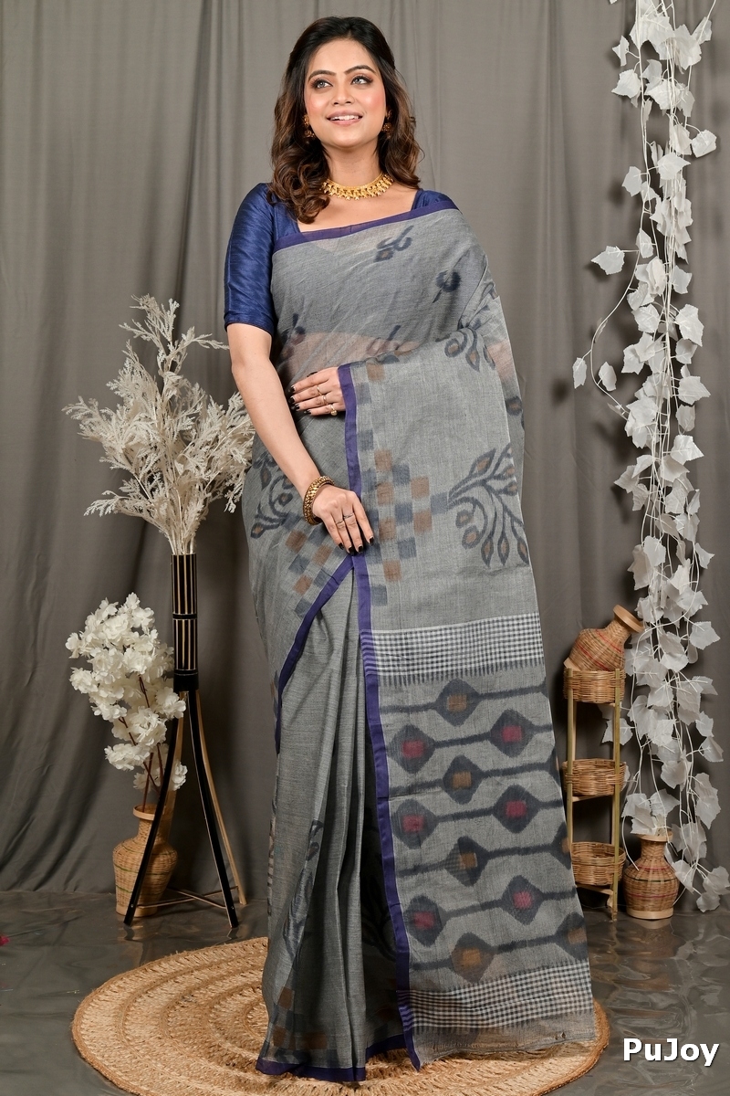 Grey Pure Cotton Dipui Tant Saree Print (3010)
