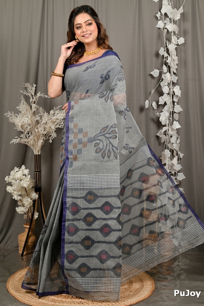 Grey Pure Cotton Dipui Tant Saree Print (3010)