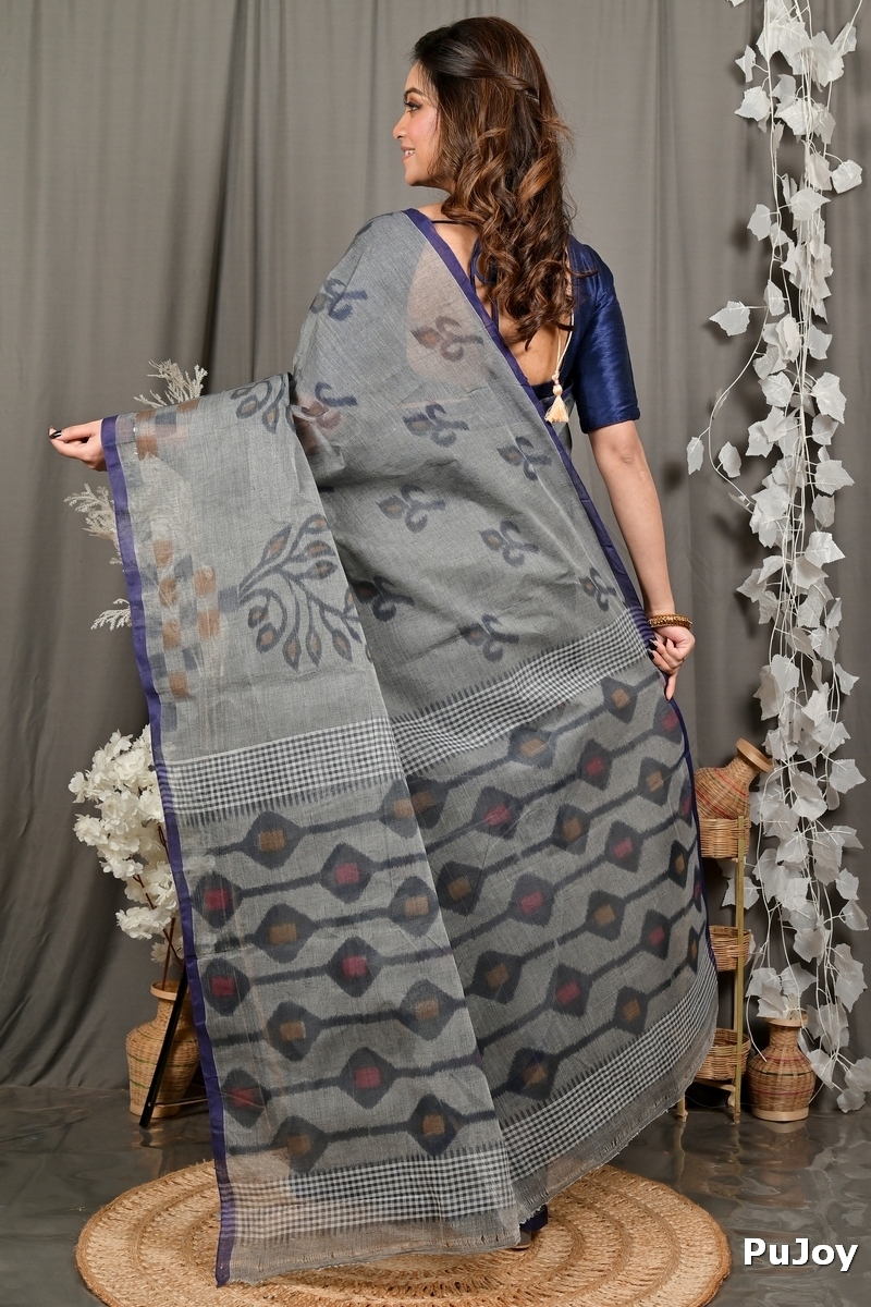 Grey Pure Cotton Dipui Tant Saree Print (3010)