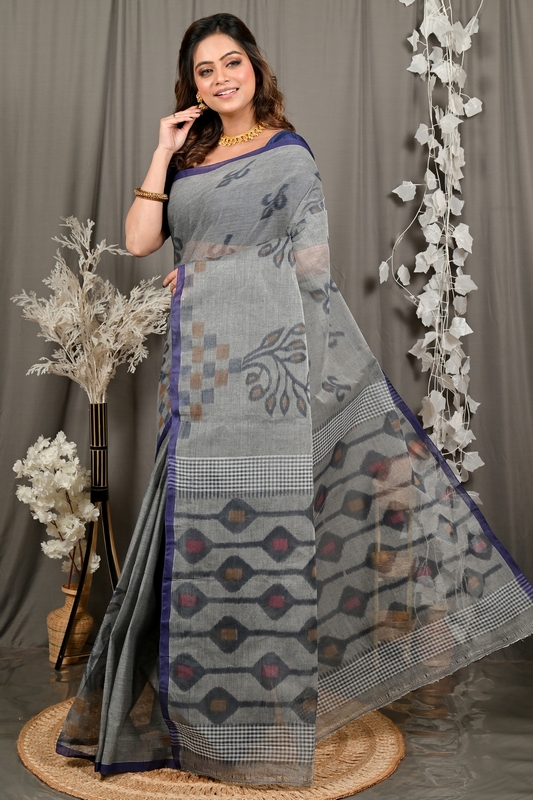 Grey Pure Cotton Dipui Tant Saree Print (3010)