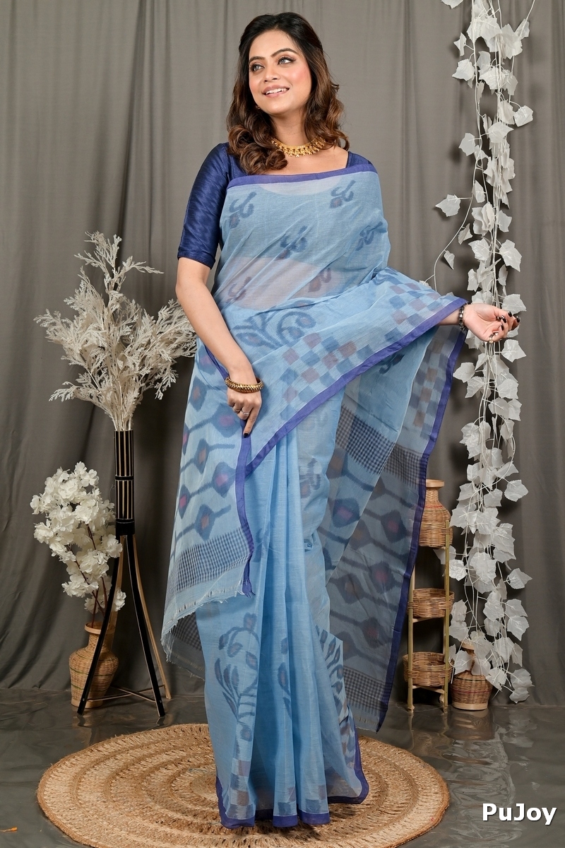 Light Blue Pure Cotton Dipui Tant Saree Print (3011)