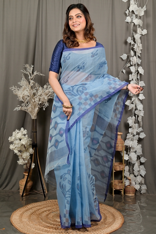 Light Blue Pure Cotton Dipui Tant Saree Print (3011)