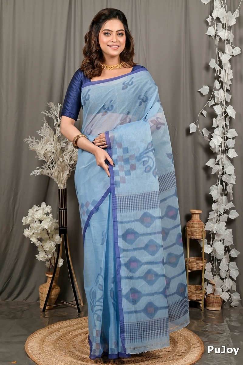 Light Blue Pure Cotton Dipui Tant Saree Print (3011)