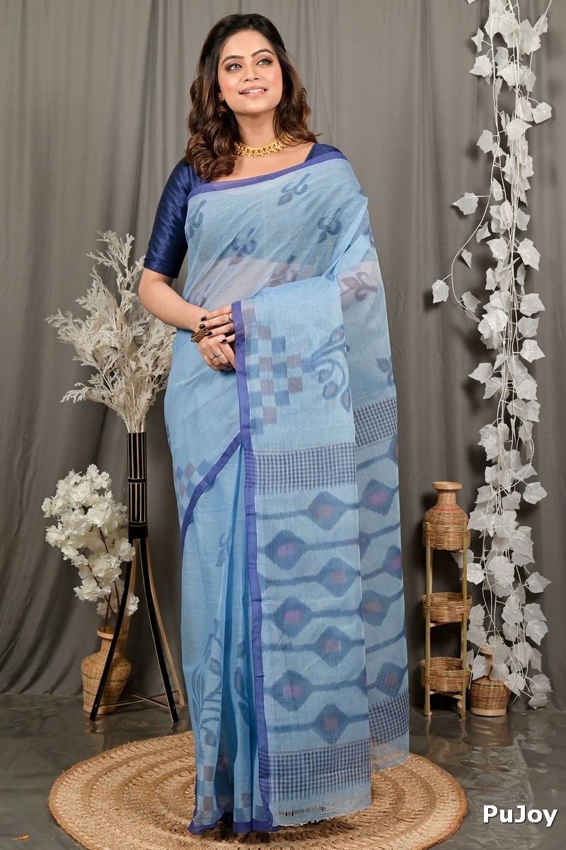 Light Blue Pure Cotton Dipui Tant Saree Print (3011)