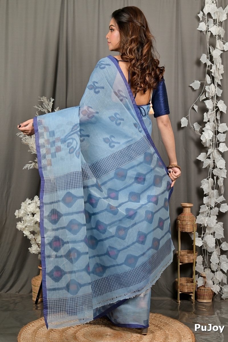 Light Blue Pure Cotton Dipui Tant Saree Print (3011)