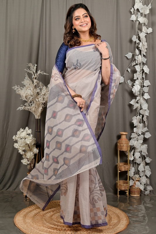 Light Brown Pure Cotton Dipui Tant Saree Print (3012)