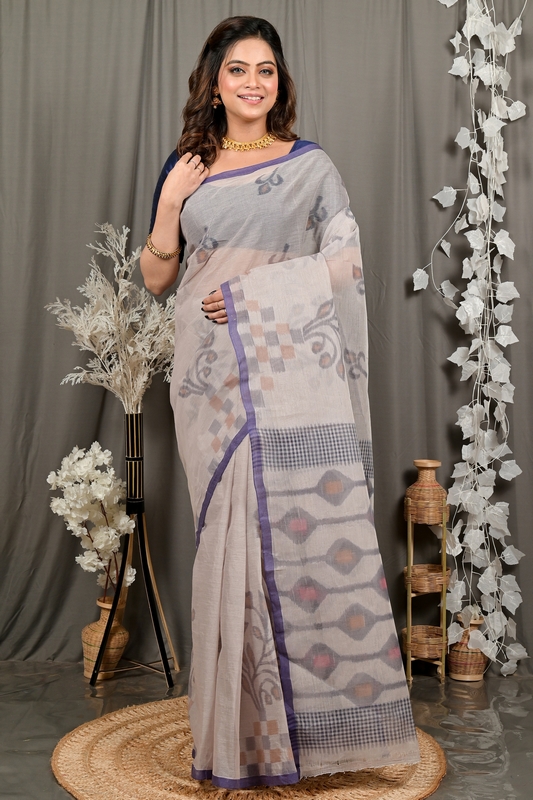 Light Brown Pure Cotton Dipui Tant Saree Print (3012)