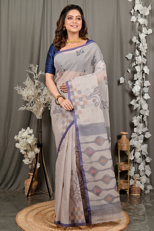 Light Brown Pure Cotton Dipui Tant Saree Print (3012)