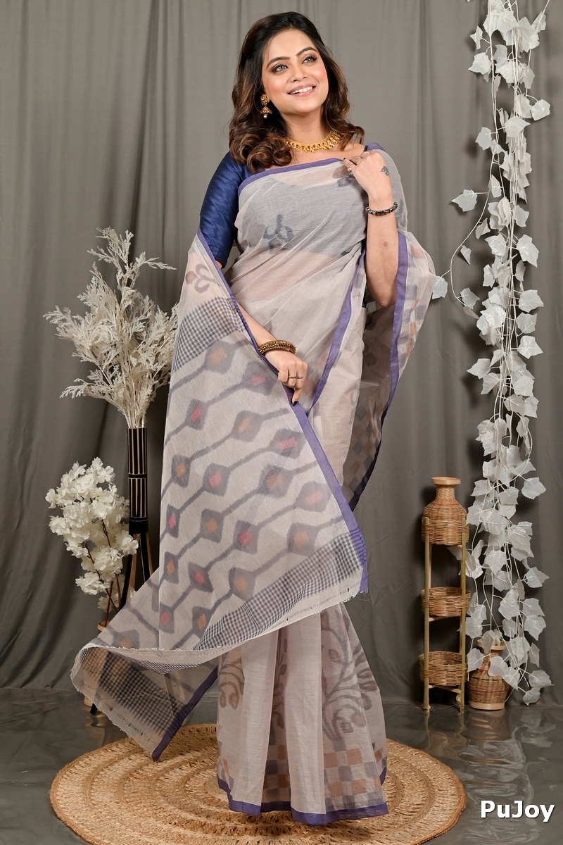Light Brown Pure Cotton Dipui Tant Saree Print (3012)