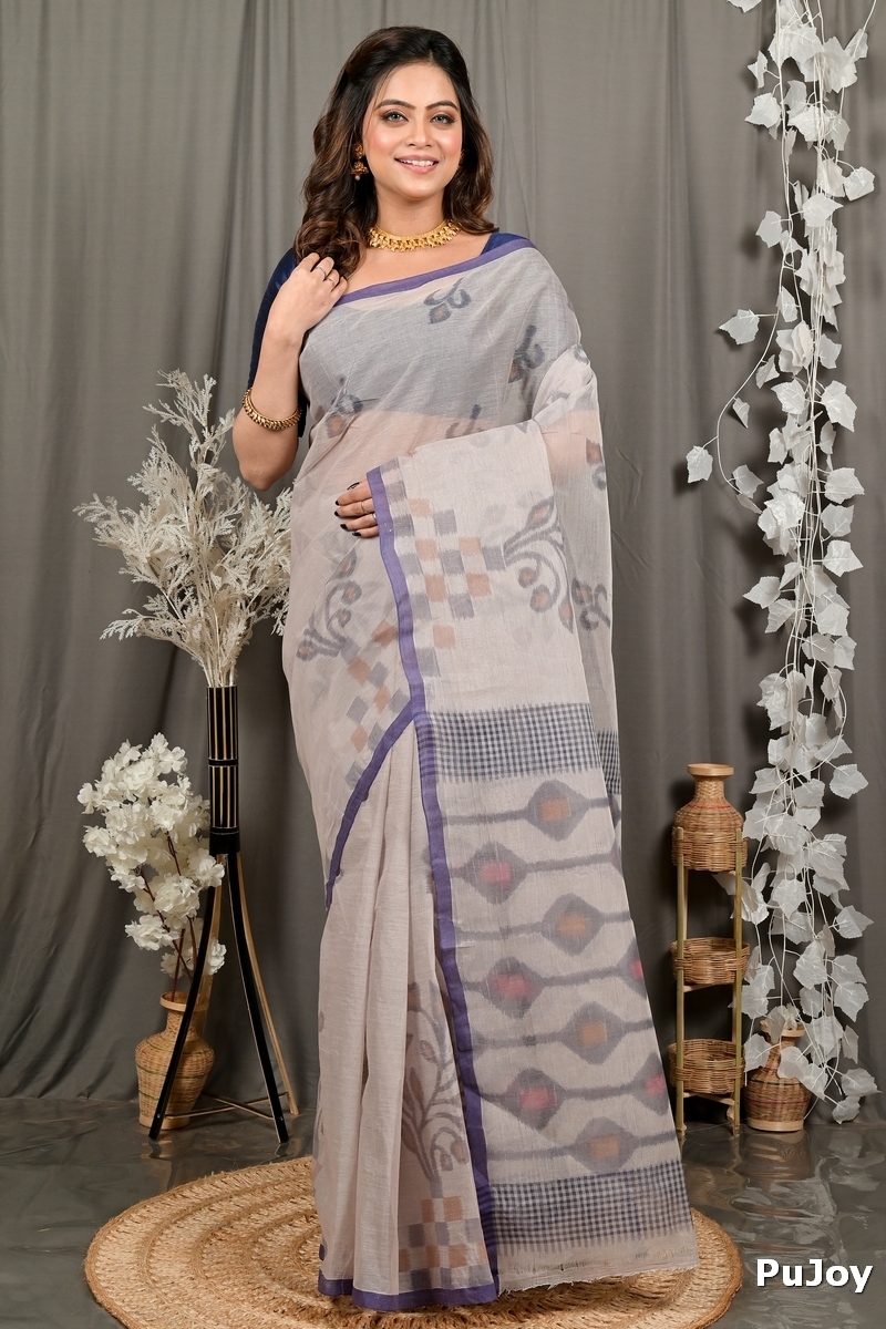 Light Brown Pure Cotton Dipui Tant Saree Print (3012)