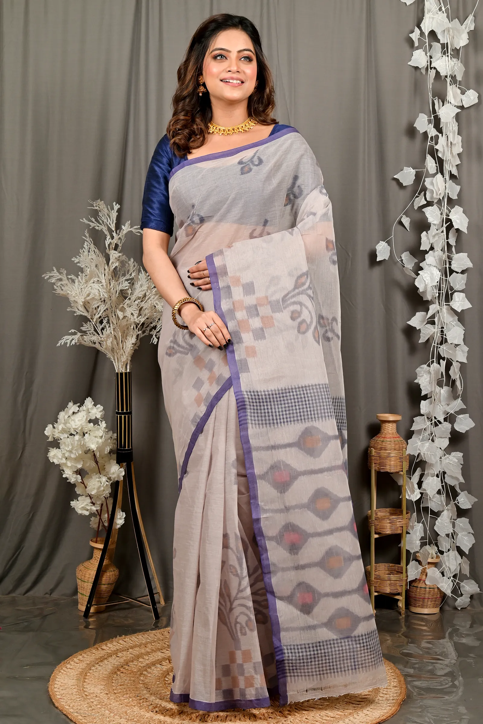 Light Brown Pure Cotton Dipui Tant Saree Print (3012)