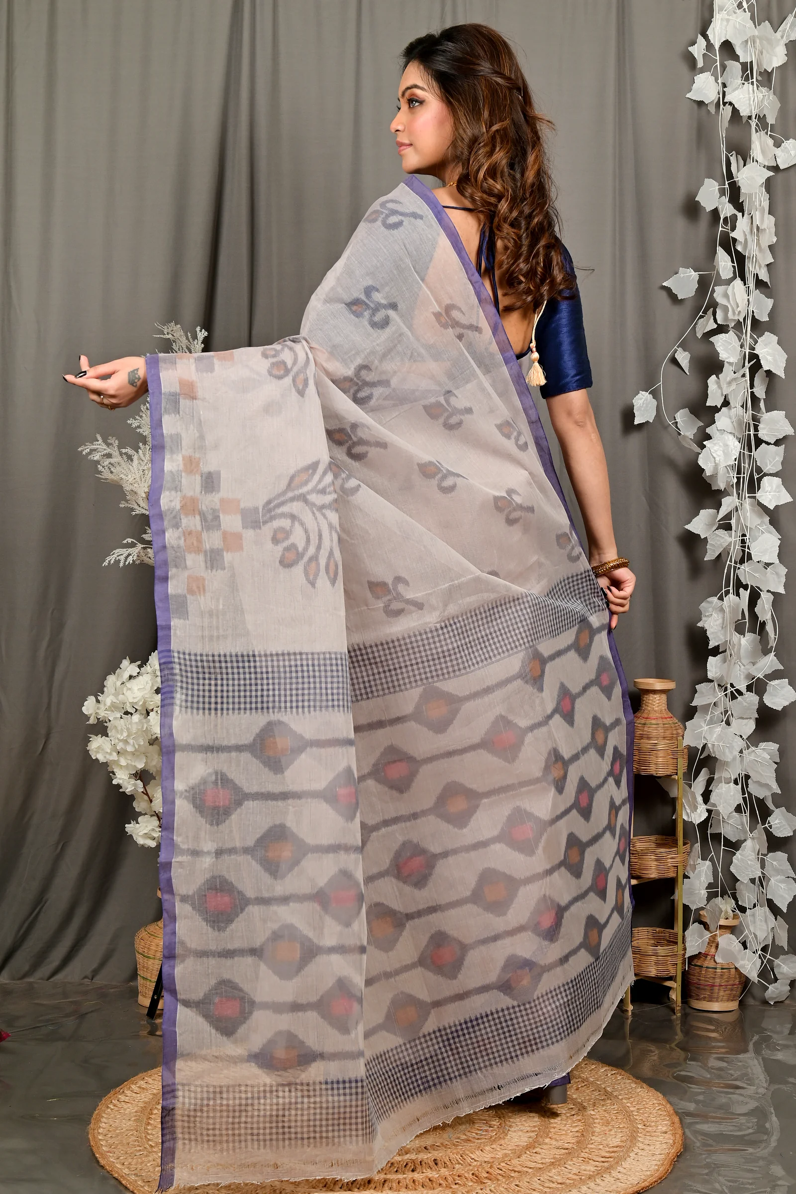 Light Brown Pure Cotton Dipui Tant Saree Print (3012)