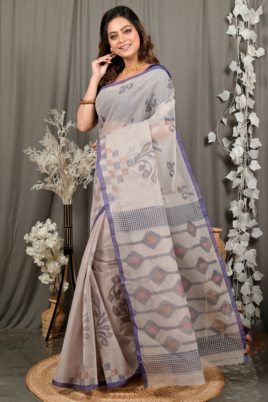 Light Brown Pure Cotton Dipui Tant Saree Print (3012)