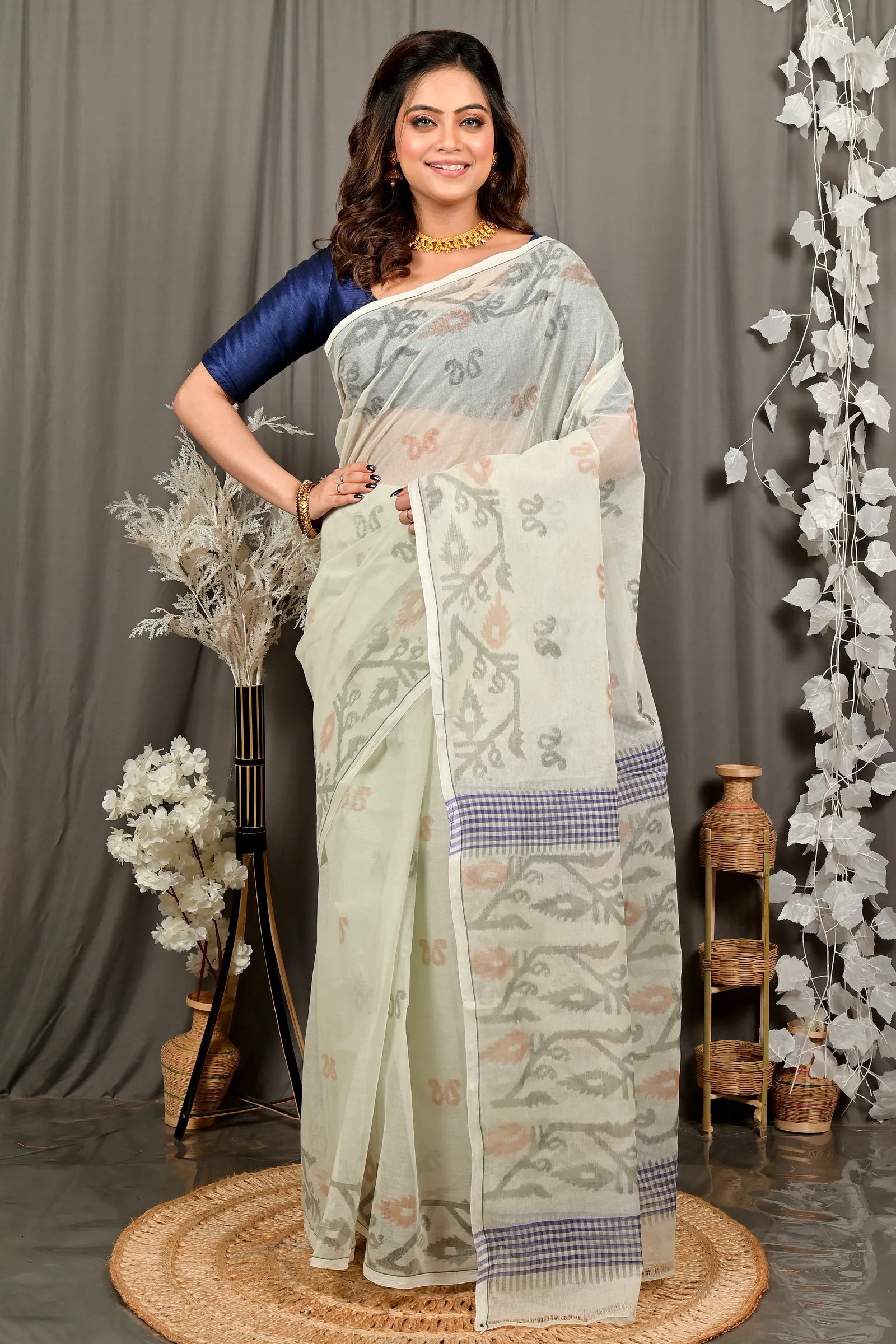 Off White Pure Cotton Divani Tant Saree Print (3014)
