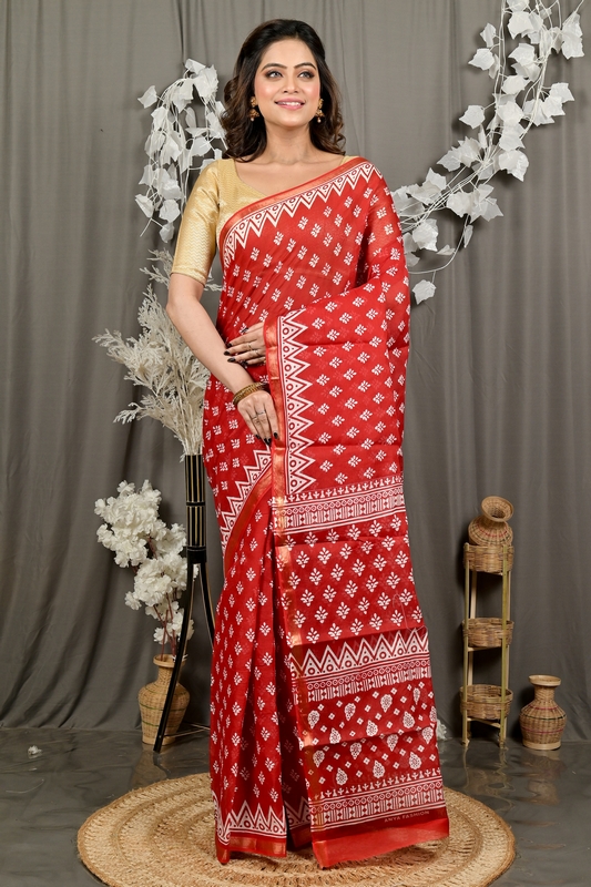 Maroon Pure Cotton Febasi Batik Print Saree (3019)