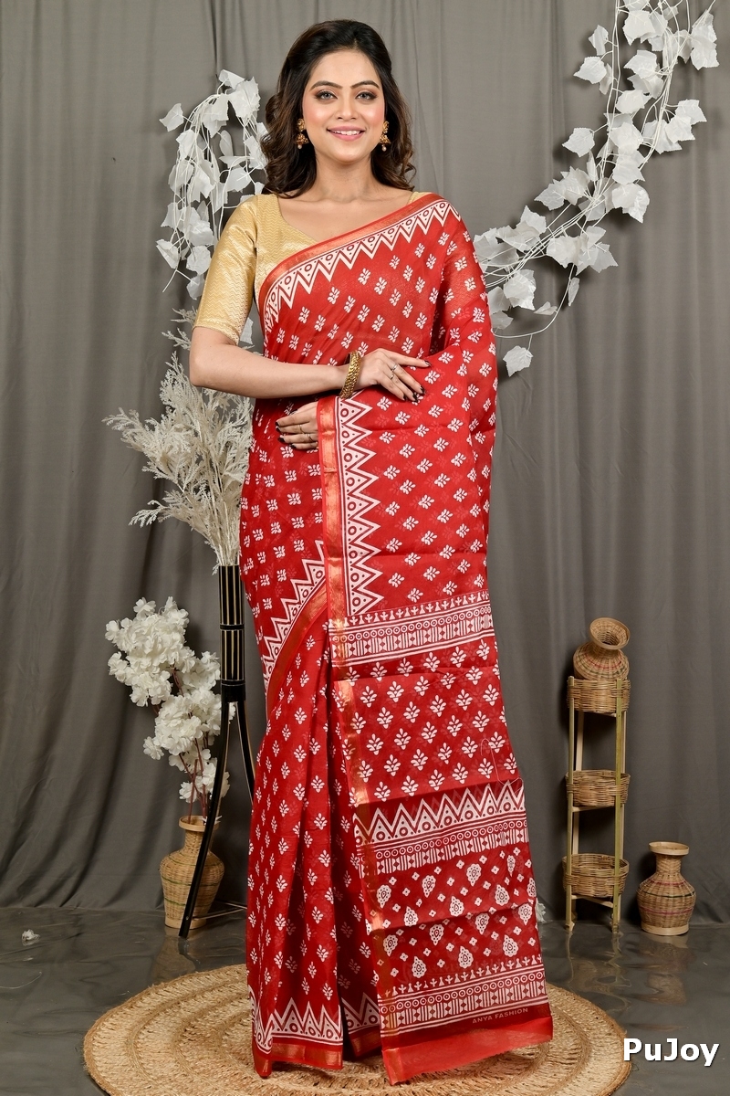 Maroon Pure Cotton Febasi Batik Print Saree (3019)