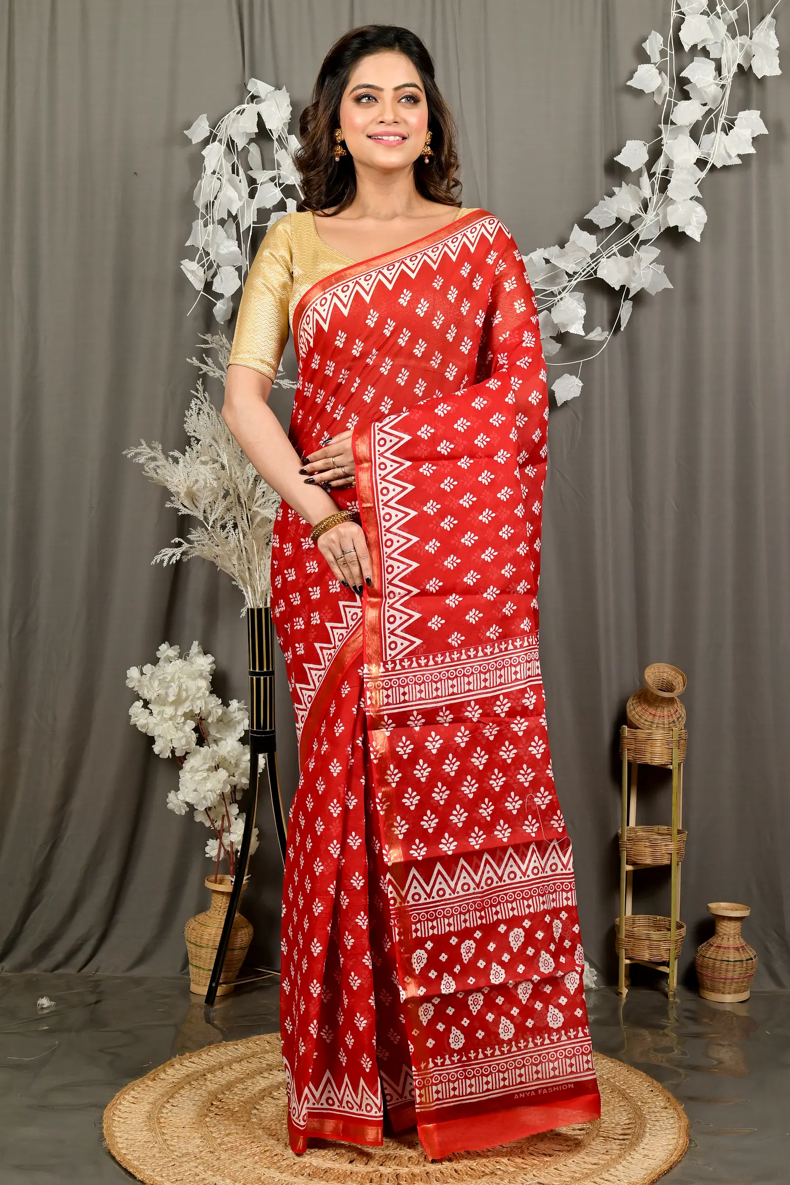 Maroon Pure Cotton Febasi Batik Print Saree (3019)