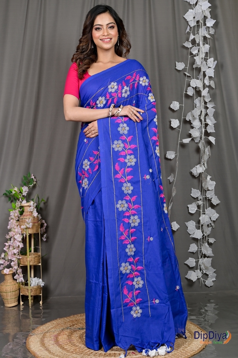 Blue Cotton Blended Paraya Embroidery Handloom saree (302)