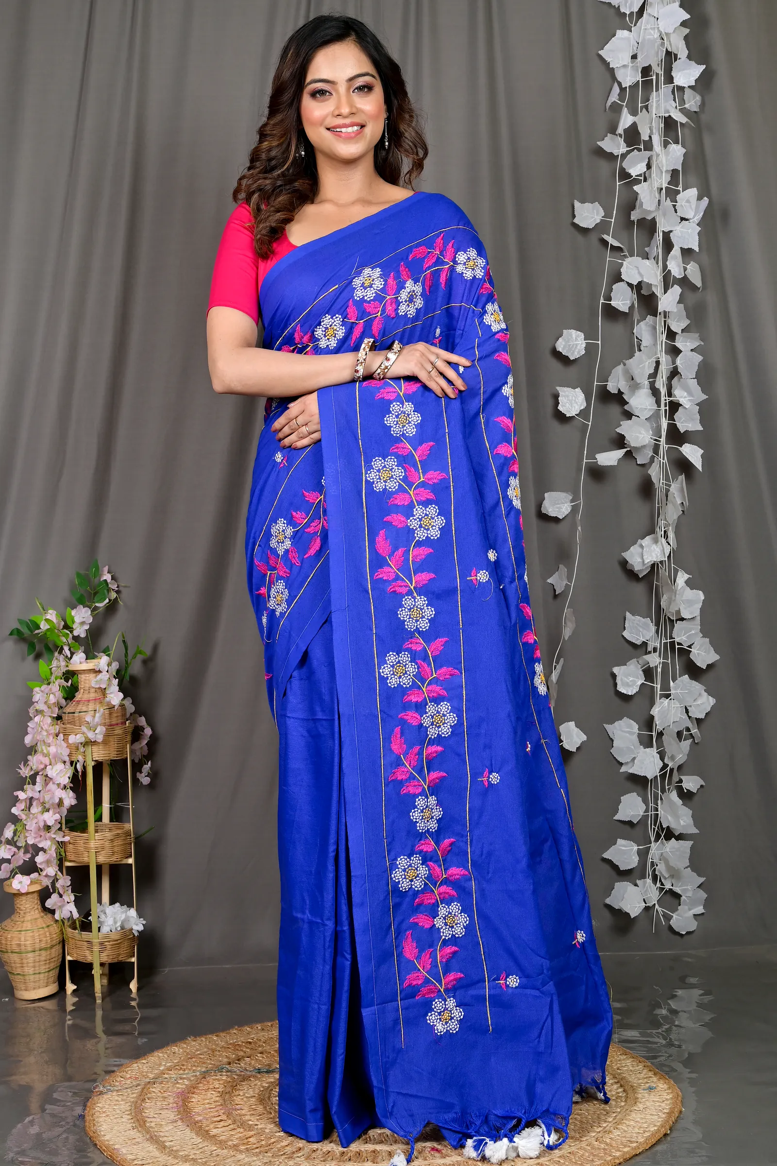 Blue Cotton Blended Paraya Embroidery Handloom saree (302)