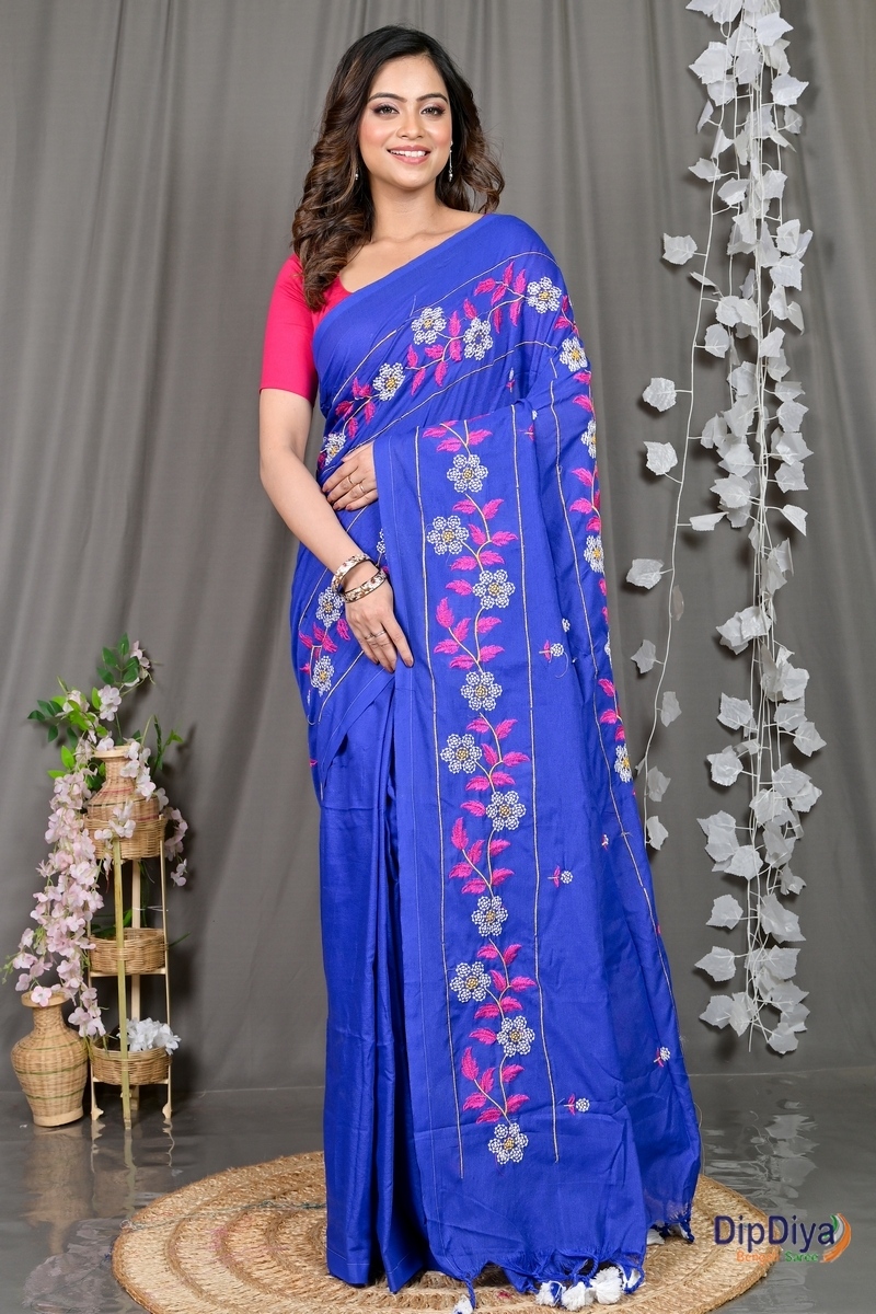 Blue Cotton Blended Paraya Embroidery Handloom saree (302)
