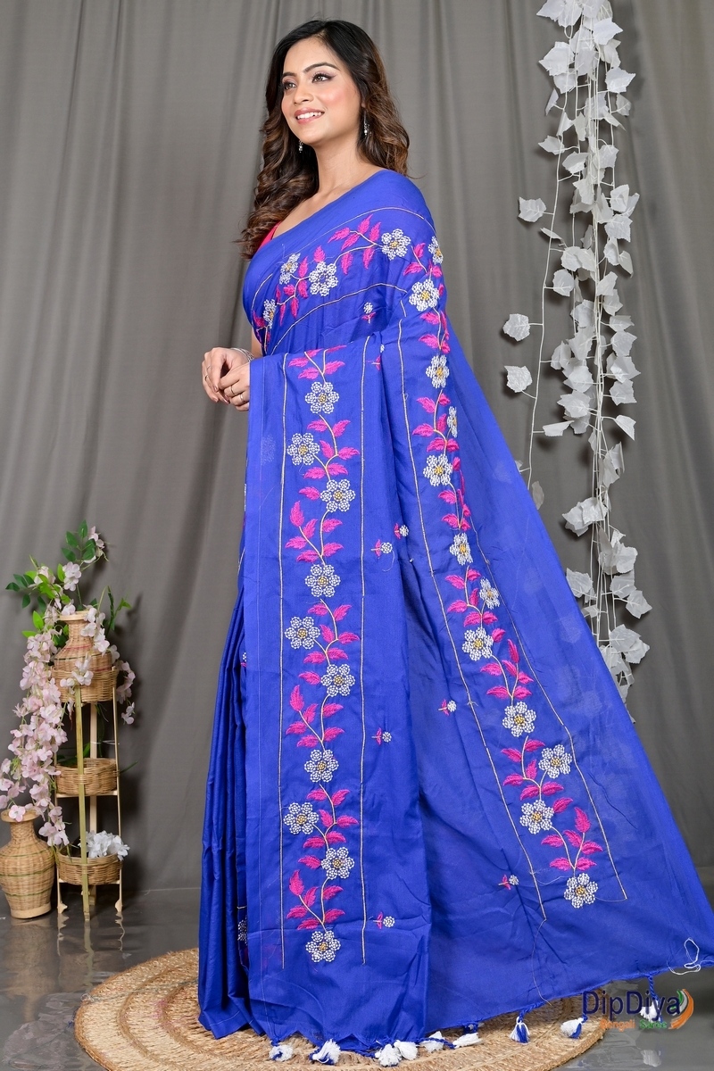 Blue Cotton Blended Paraya Embroidery Handloom saree (302)