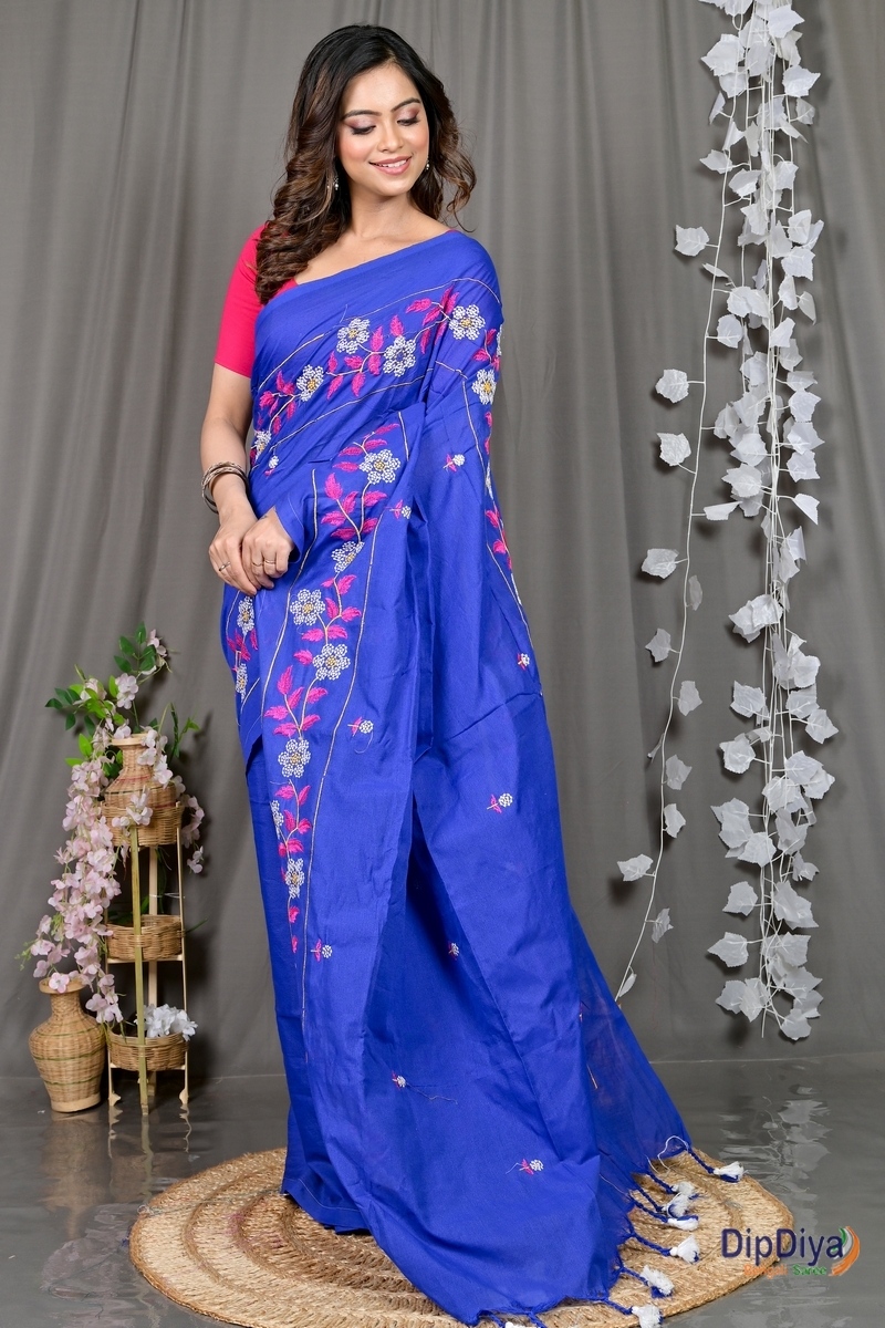 Blue Cotton Blended Paraya Embroidery Handloom saree (302)