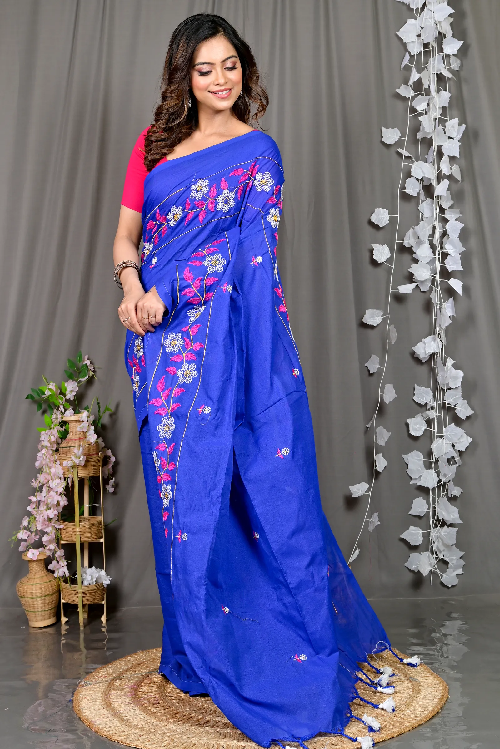 Blue Cotton Blended Paraya Embroidery Handloom saree (302)
