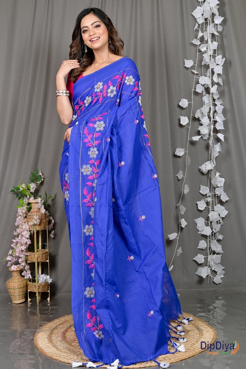 Blue Cotton Blended Paraya Embroidery Handloom saree (302)