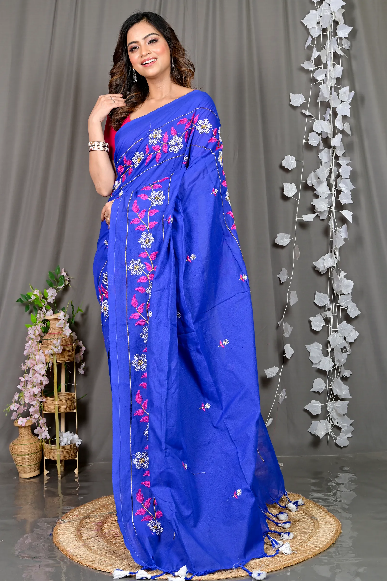 Blue Cotton Blended Paraya Embroidery Handloom saree (302)