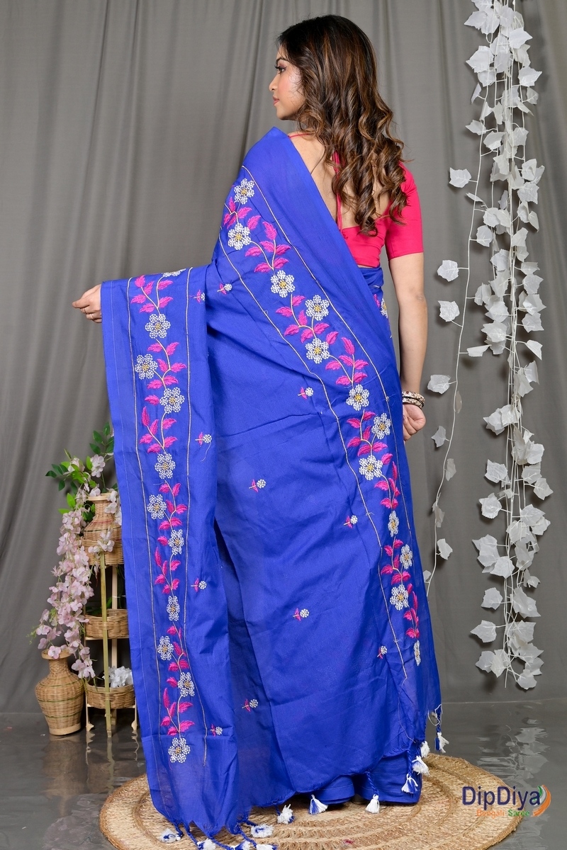 Blue Cotton Blended Paraya Embroidery Handloom saree (302)