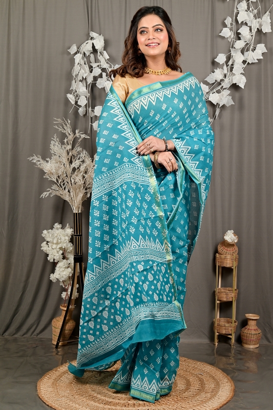 Sky Blue Pure Cotton Febasi Batik Print Saree (3020)