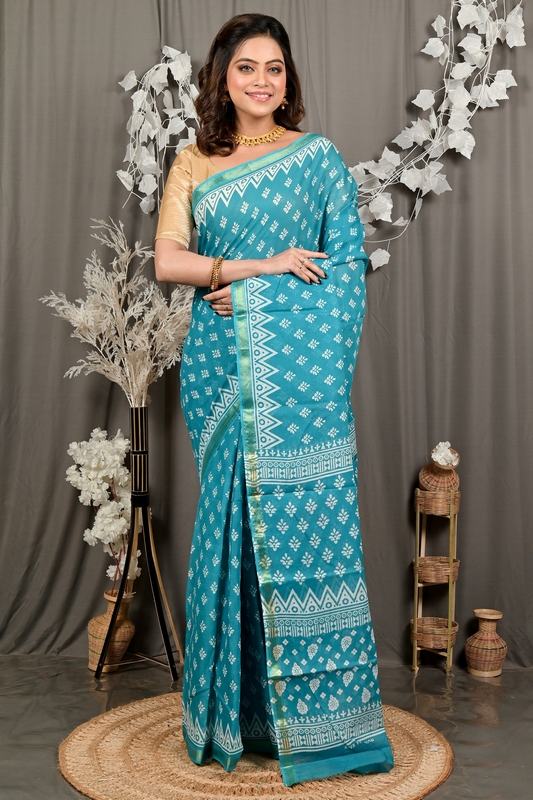 Sky Blue Pure Cotton Febasi Batik Print Saree (3020)
