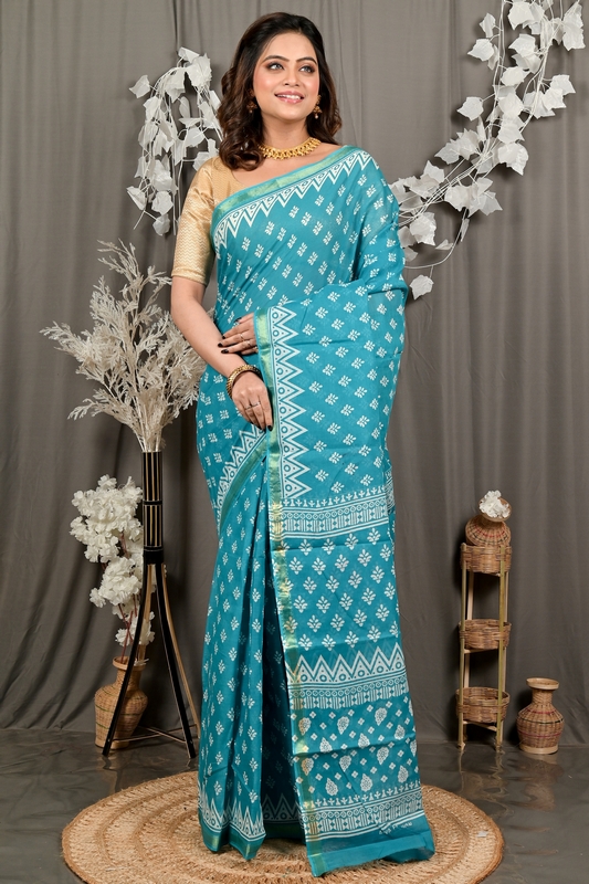 Sky Blue Pure Cotton Febasi Batik Print Saree (3020)