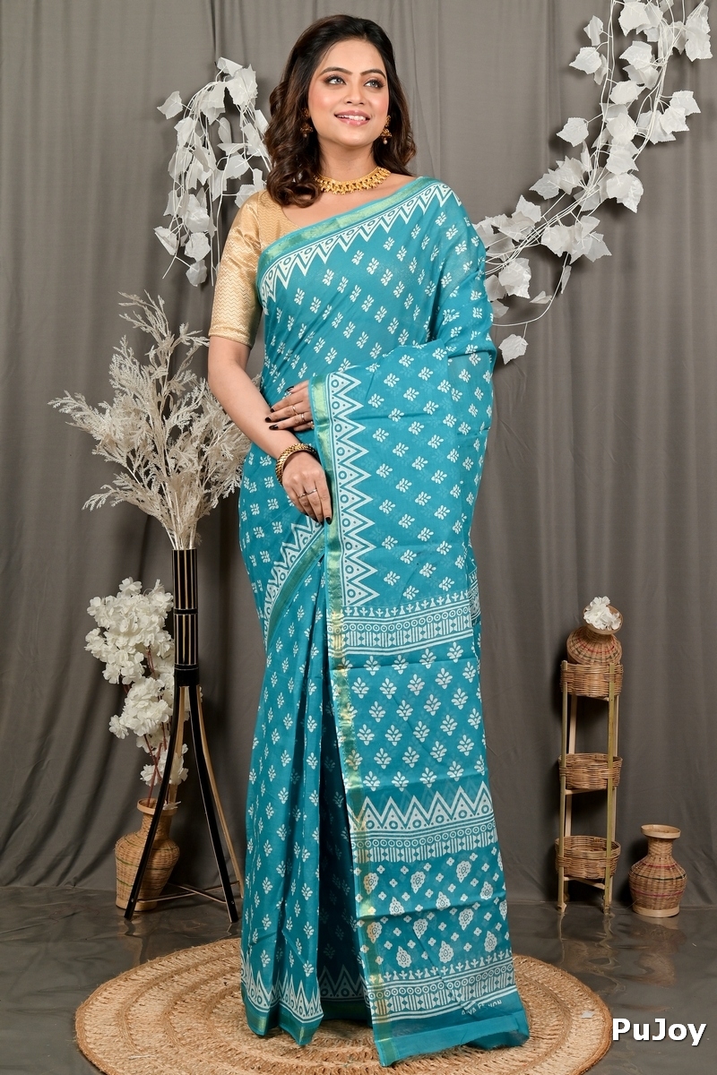 Sky Blue Pure Cotton Febasi Batik Print Saree (3020)