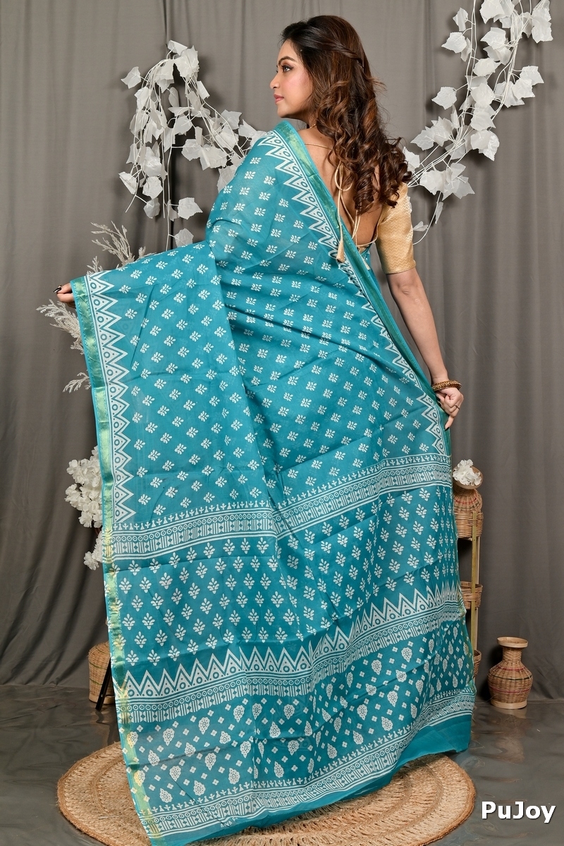 Sky Blue Pure Cotton Febasi Batik Print Saree (3020)