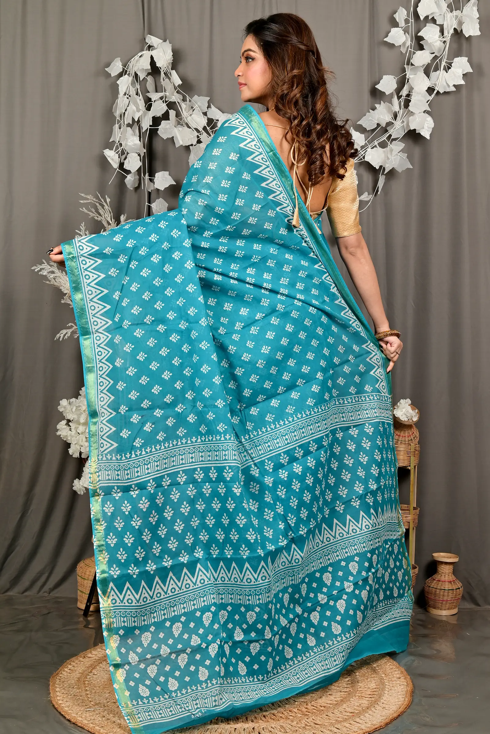 Sky Blue Pure Cotton Febasi Batik Print Saree (3020)