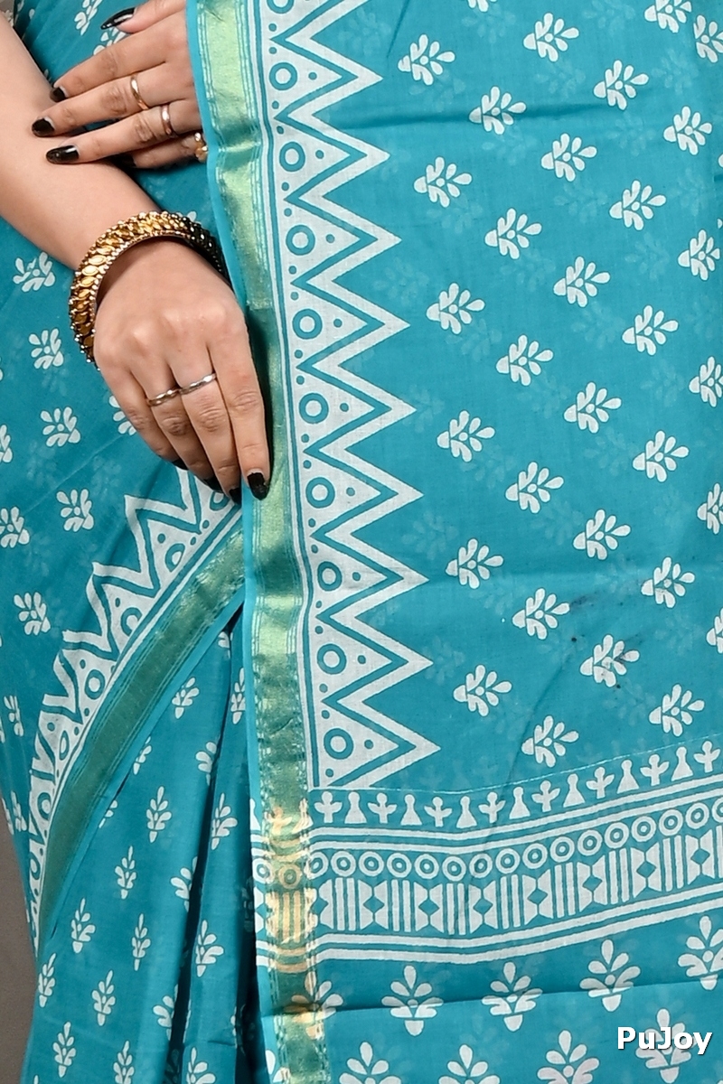 Sky Blue Pure Cotton Febasi Batik Print Saree (3020)