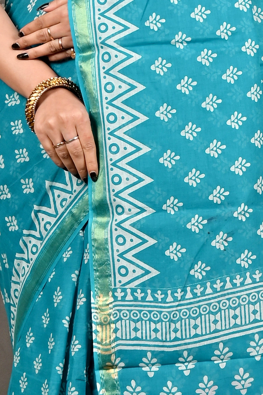 Sky Blue Pure Cotton Febasi Batik Print Saree (3020)
