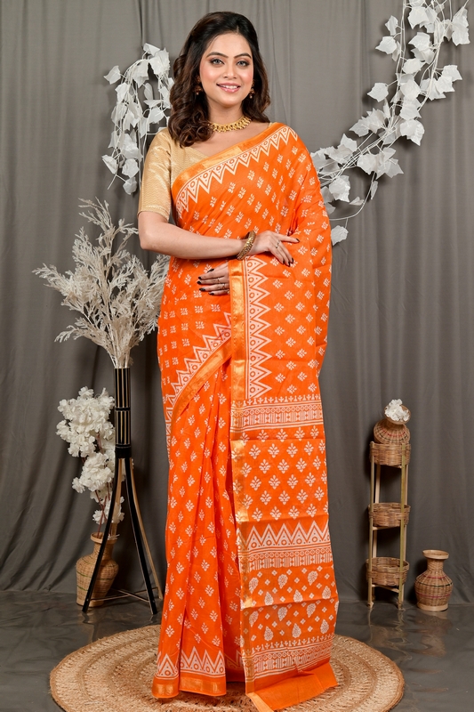 Orange Pure Cotton Febasi Batik Print Saree (3021)