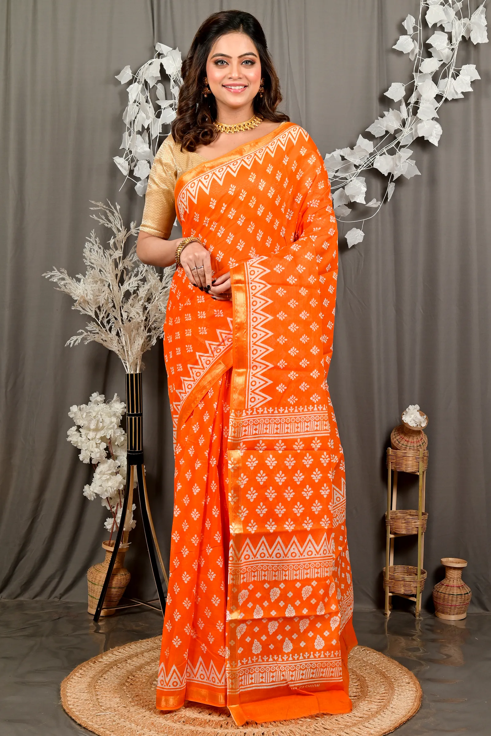 Orange Pure Cotton Febasi Batik Print Saree (3021)