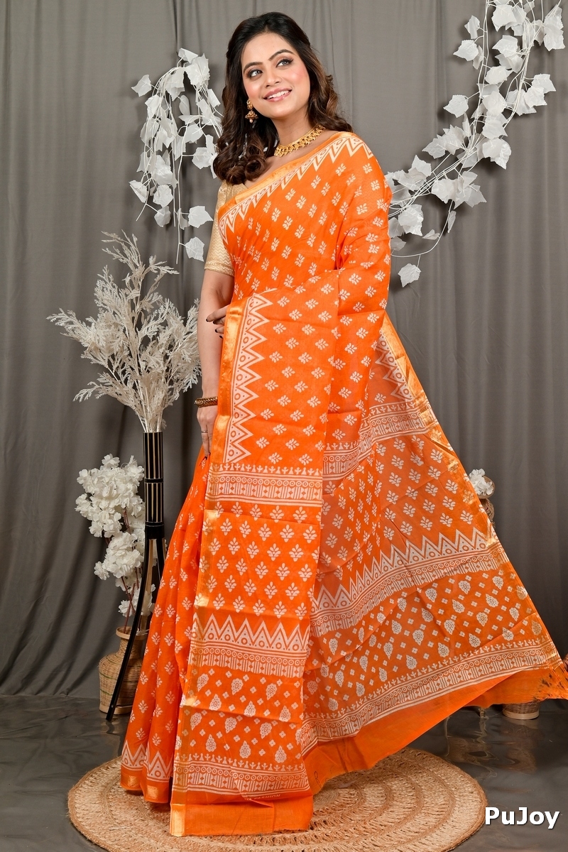 Orange Pure Cotton Febasi Batik Print Saree (3021)