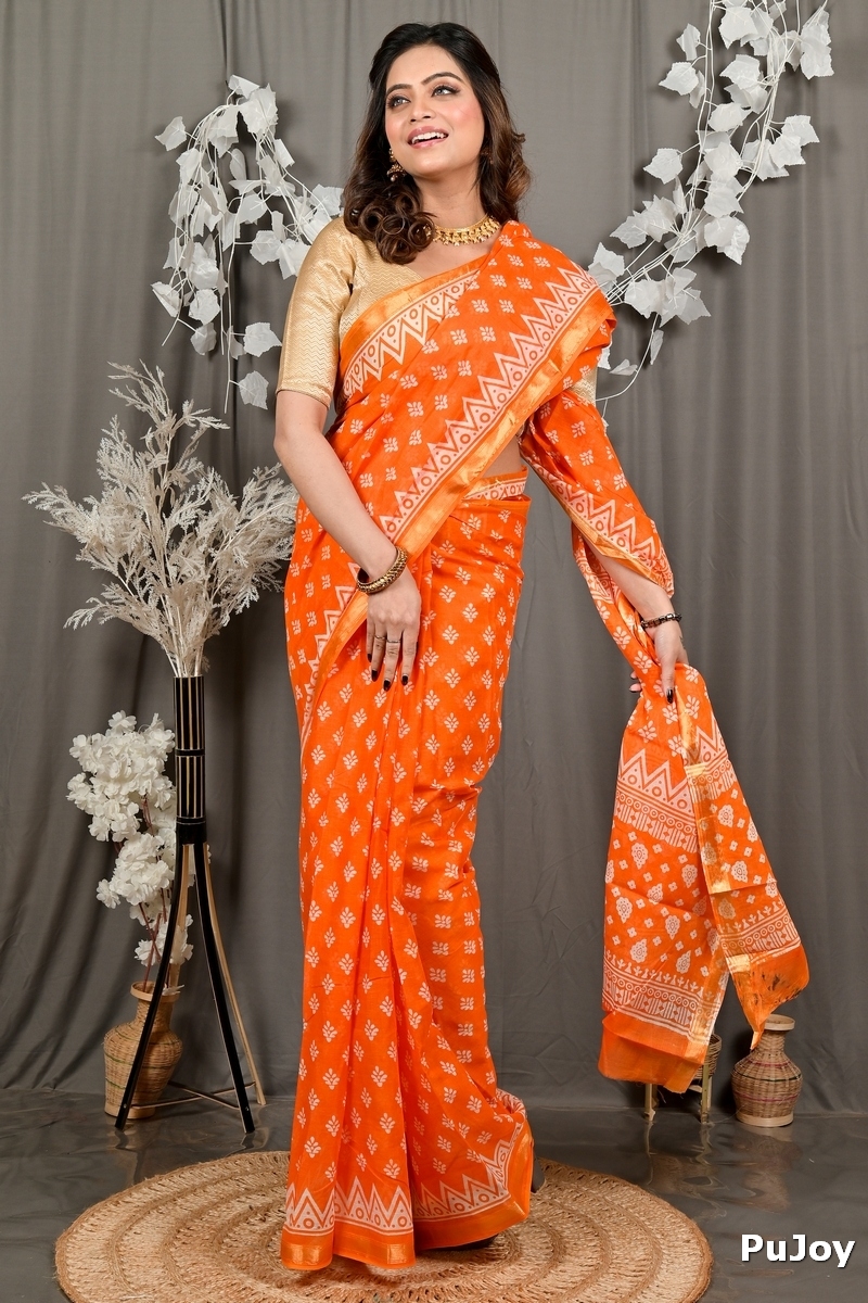 Orange Pure Cotton Febasi Batik Print Saree (3021)
